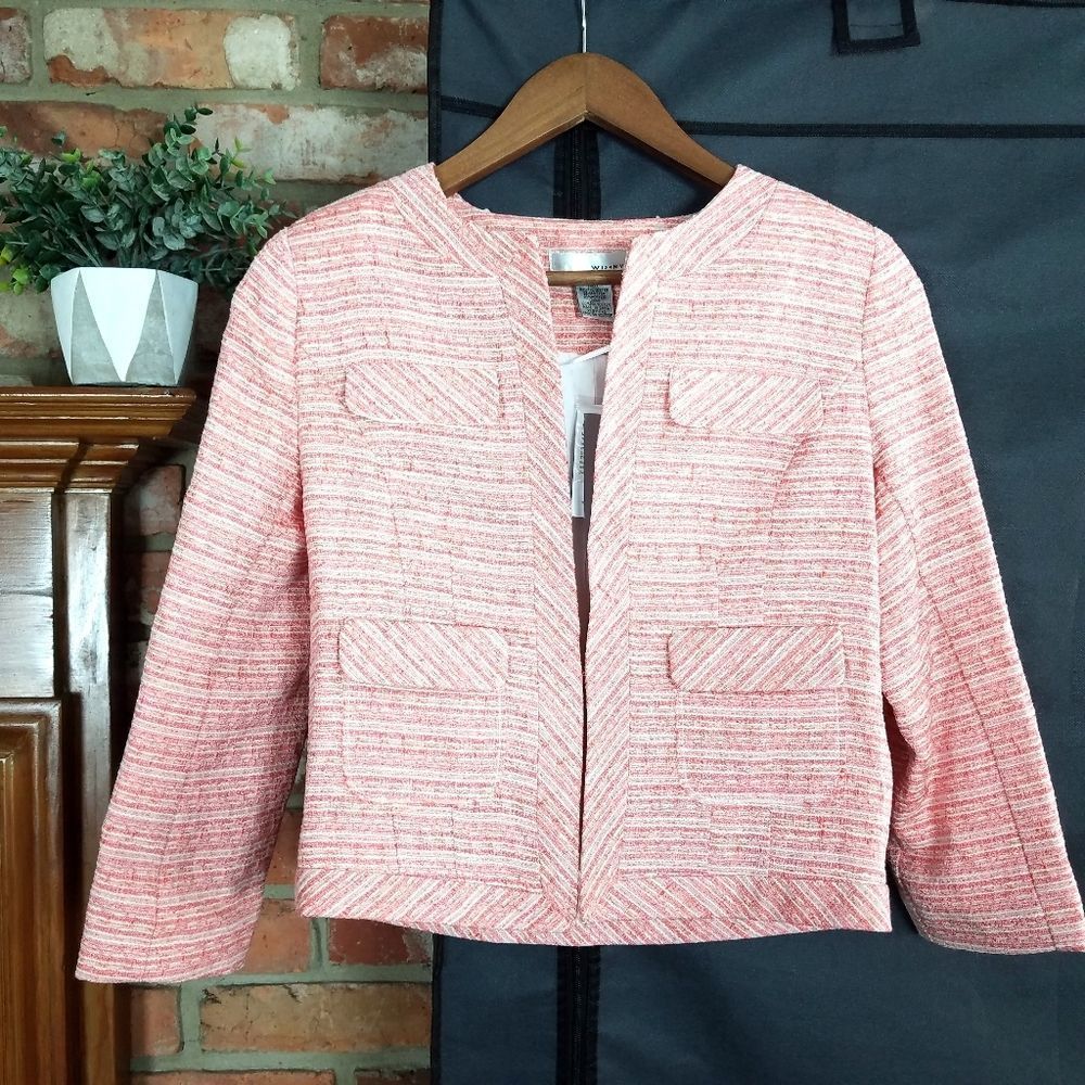 WD.NY Coral White Long Sleeve Tweed Open Front Jacket - Picture 4 of 8
